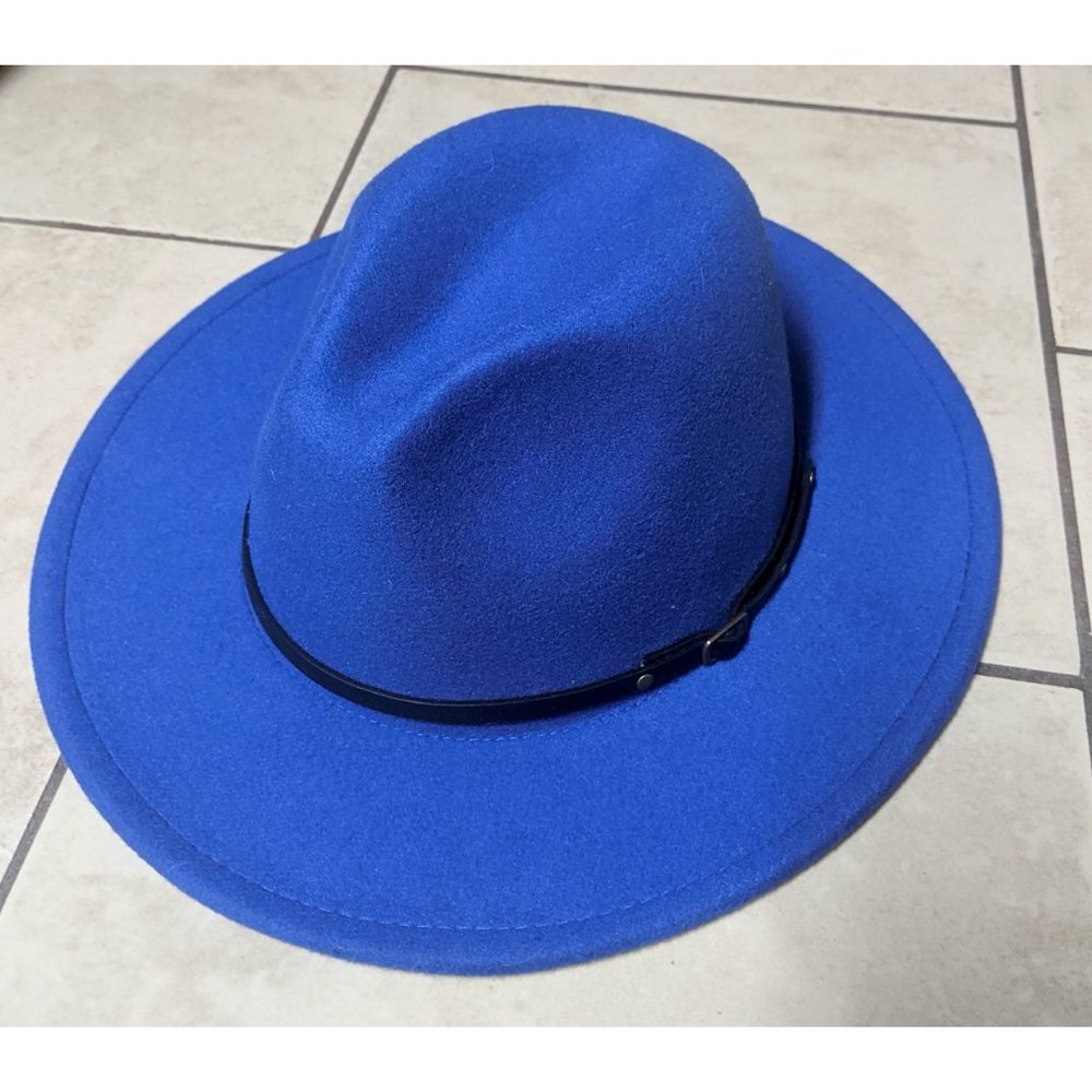 Blue Wide Brimmed Fedora with Thin Buckle